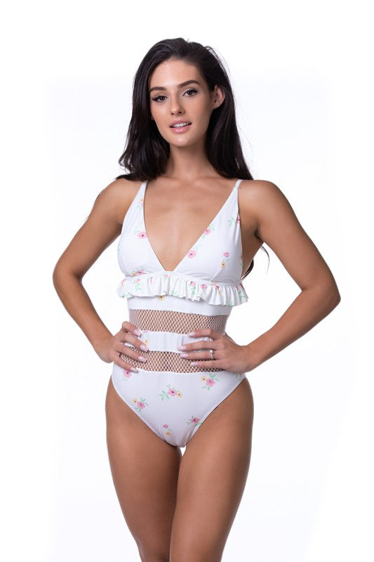 Beige Floral Ruffle Trim Mesh One Piece