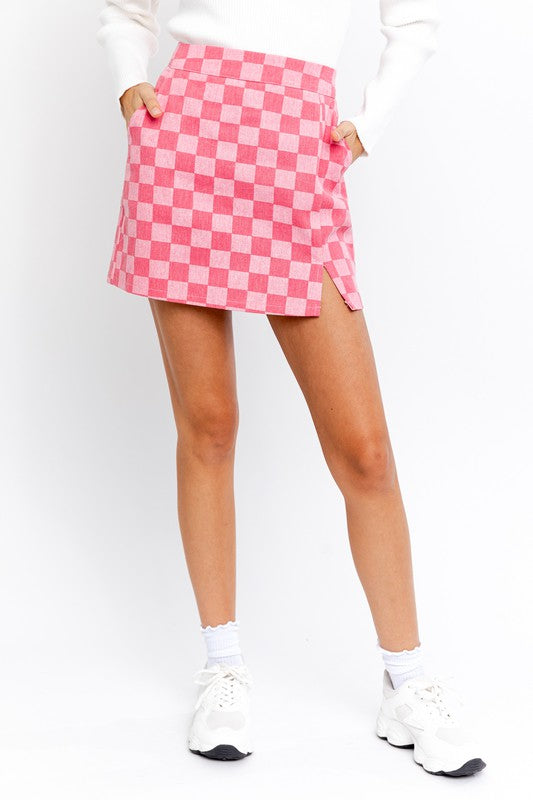 Checkerboard Print Slit Mini Skirt