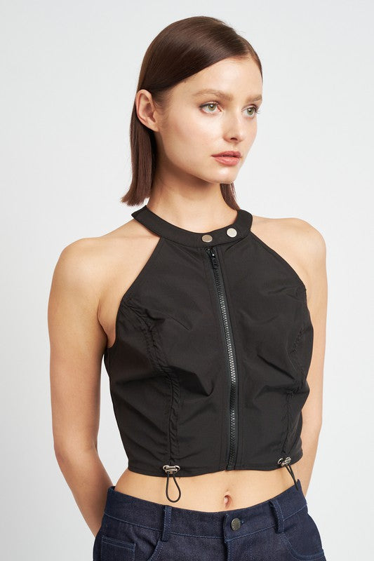 Zip Front Halter Neck Cropped Top