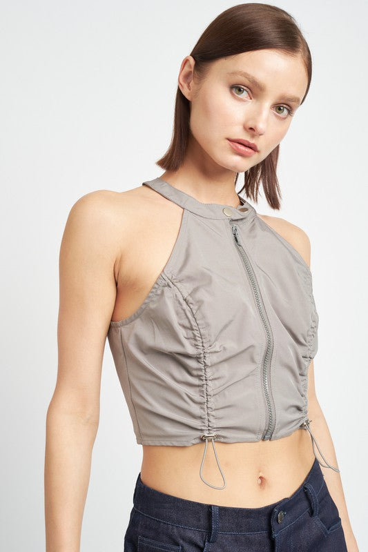 Zip Front Halter Neck Cropped Top