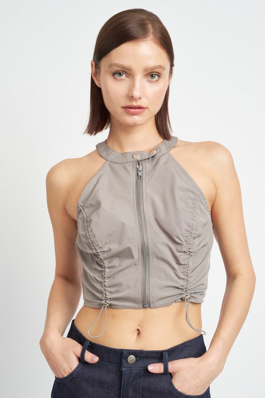 Zip Front Halter Neck Cropped Top