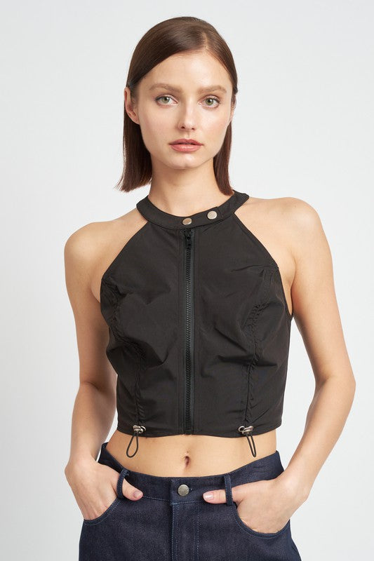 Zip Front Halter Neck Cropped Top