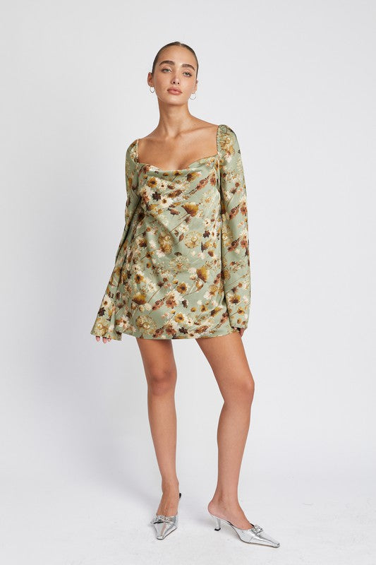 Floral Long Sleeve Mini Dress With Open Back