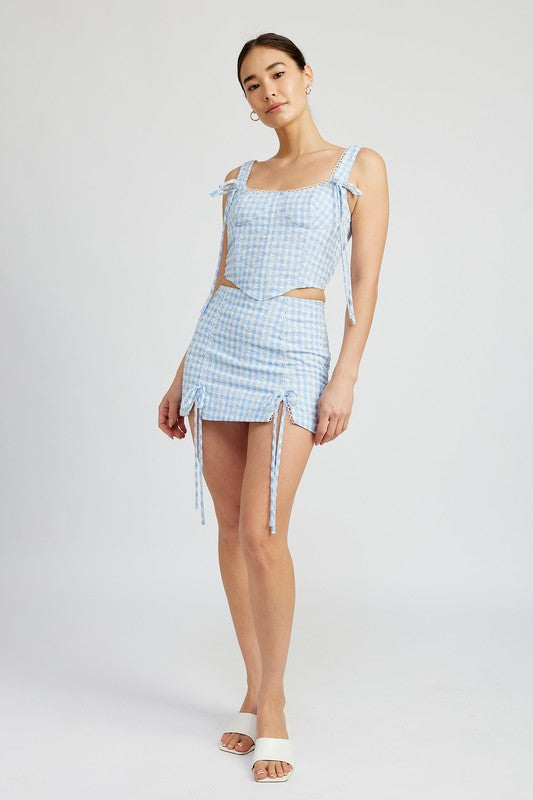 Gingham Mini Skirt With Drawstrings