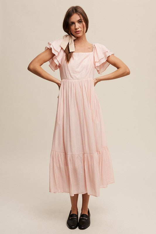 Vintage Square Neck Ruffled Sleeve Maxi Dress