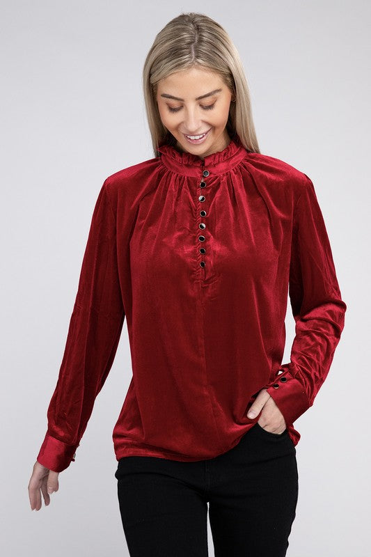 Frill Notched Neckline Velvet Blouse